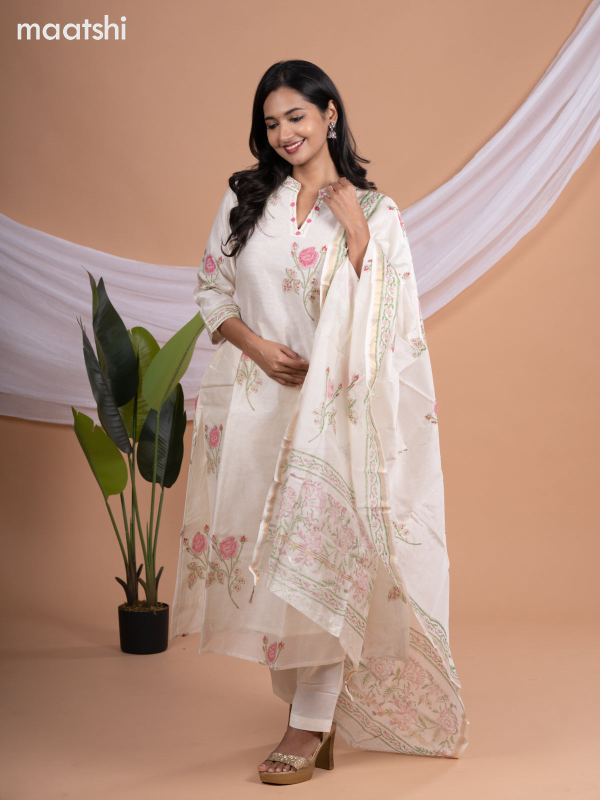 Chanderi a-line salwar suit off white with floral butta prints & embroidery mirror work neck pattern and straight cut pant & printed dupatta