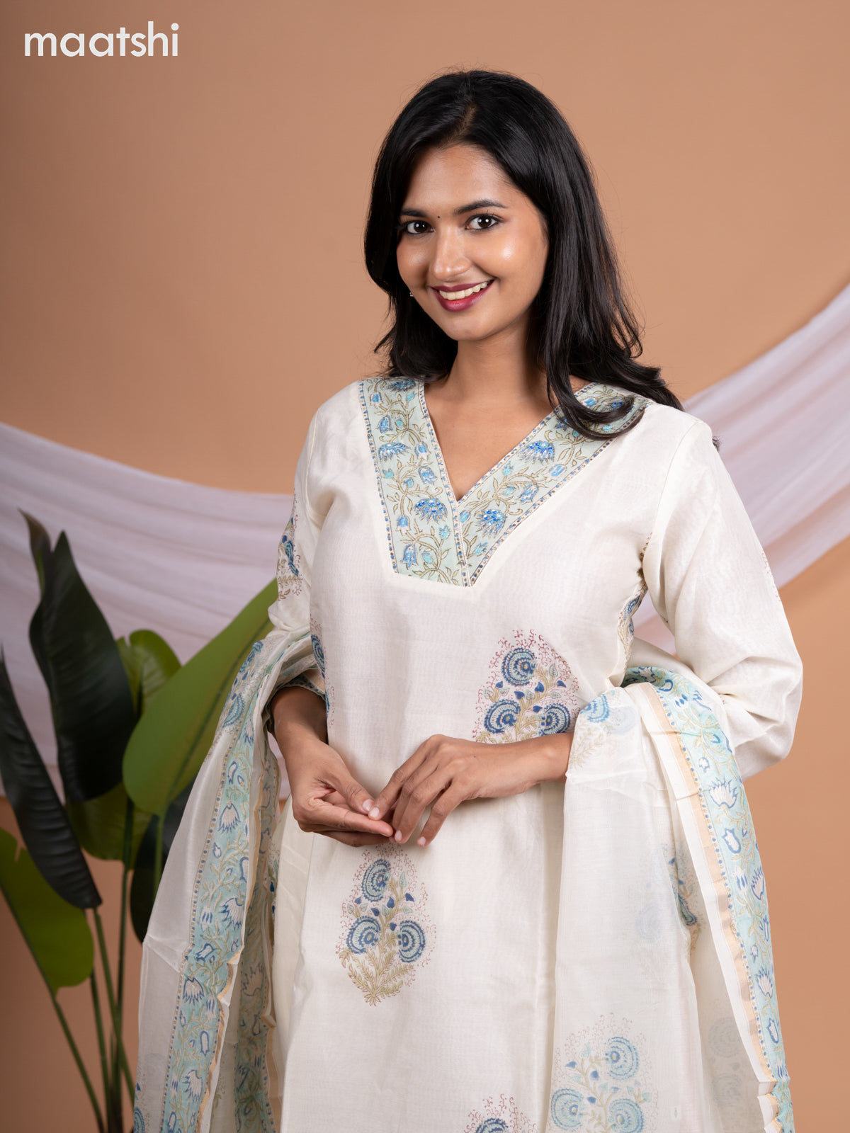 Chanderi salwar suit off white with butta prints & sequin beaded work v neck pattern and straight cut pant & printed dupatta