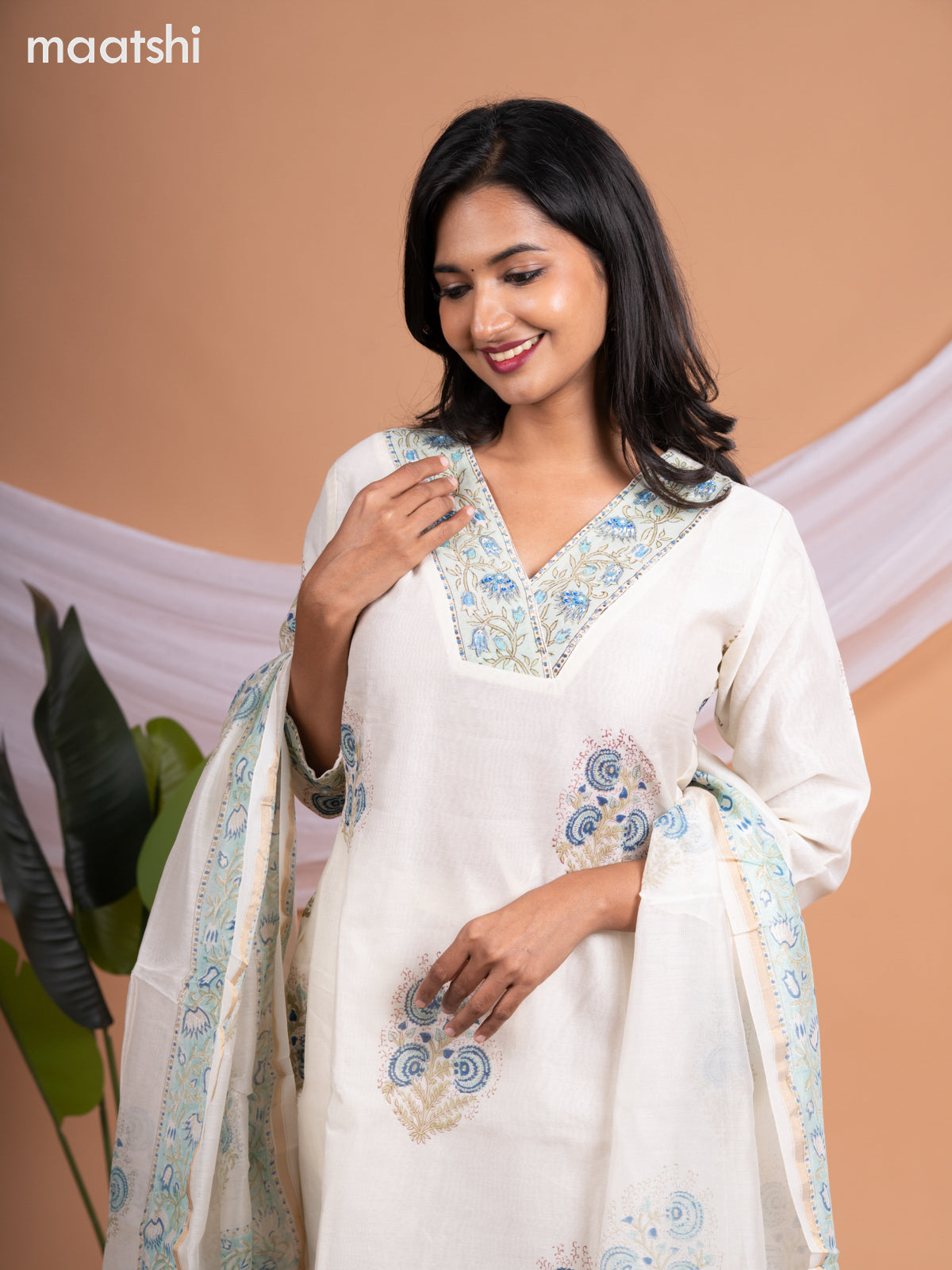 Chanderi salwar suit off white with butta prints & sequin beaded work v neck pattern and straight cut pant & printed dupatta