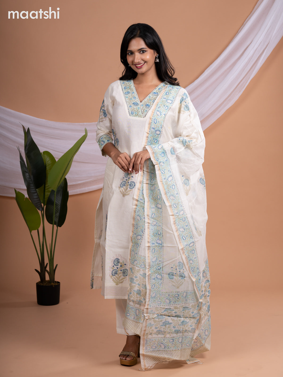 Chanderi salwar suit off white with butta prints & sequin beaded work v neck pattern and straight cut pant & printed dupatta