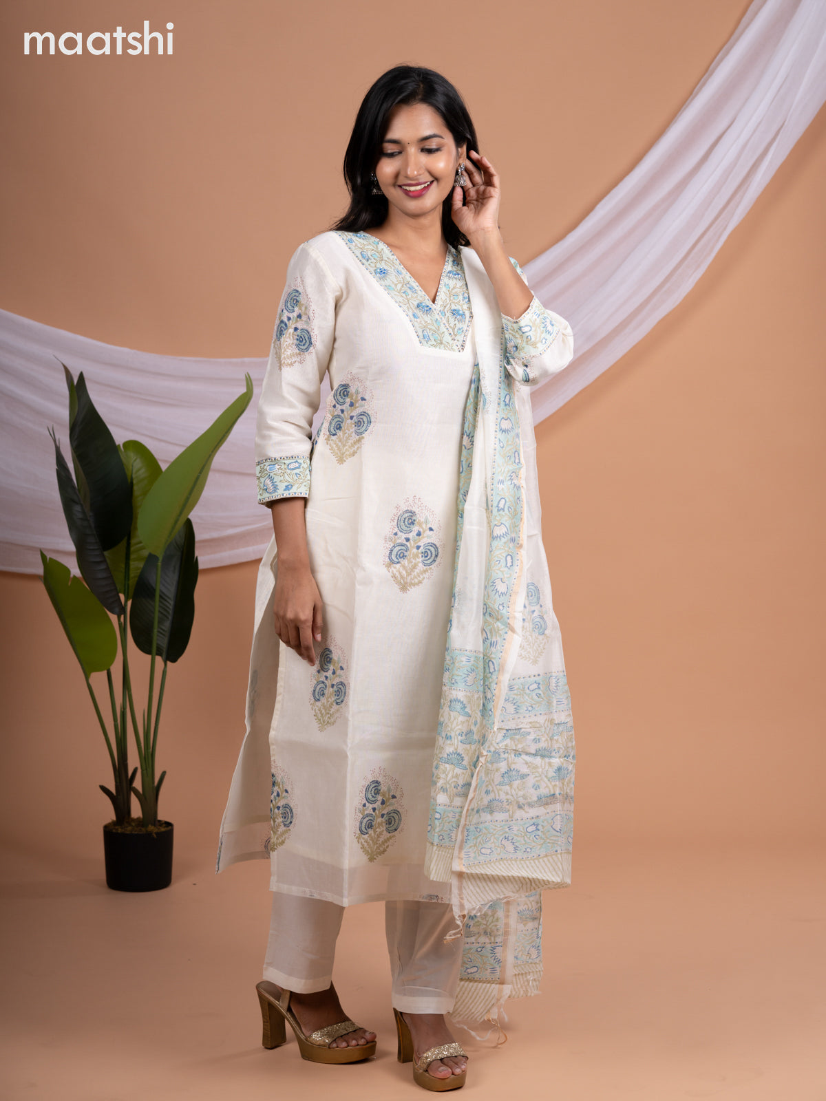 Chanderi salwar suit off white with butta prints & sequin beaded work v neck pattern and straight cut pant & printed dupatta