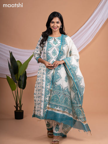 Chanderi salwar suit off white and teal blue shade with allover floral prints & beaded sequin work neck pattern and straight cut pant & printed dupatta