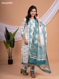 Chanderi salwar suit off white and teal blue shade with allover floral prints & beaded sequin work neck pattern and straight cut pant & printed dupatta