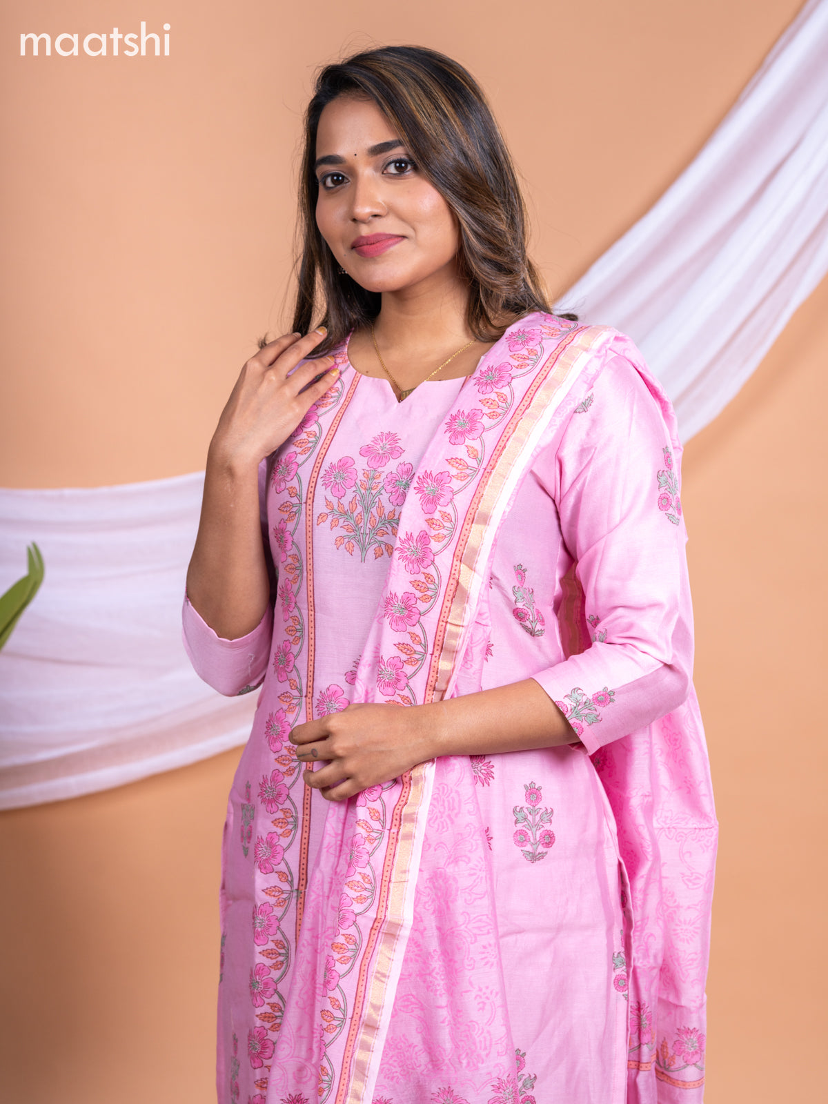 Chanderi salwar suit peach pink with floral prints & simple neck pattern and straight cut pant & printed dupatta