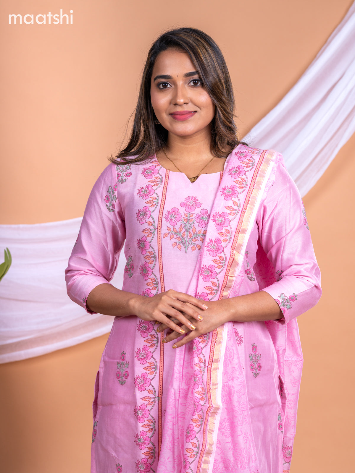 Chanderi salwar suit peach pink with floral prints & simple neck pattern and straight cut pant & printed dupatta