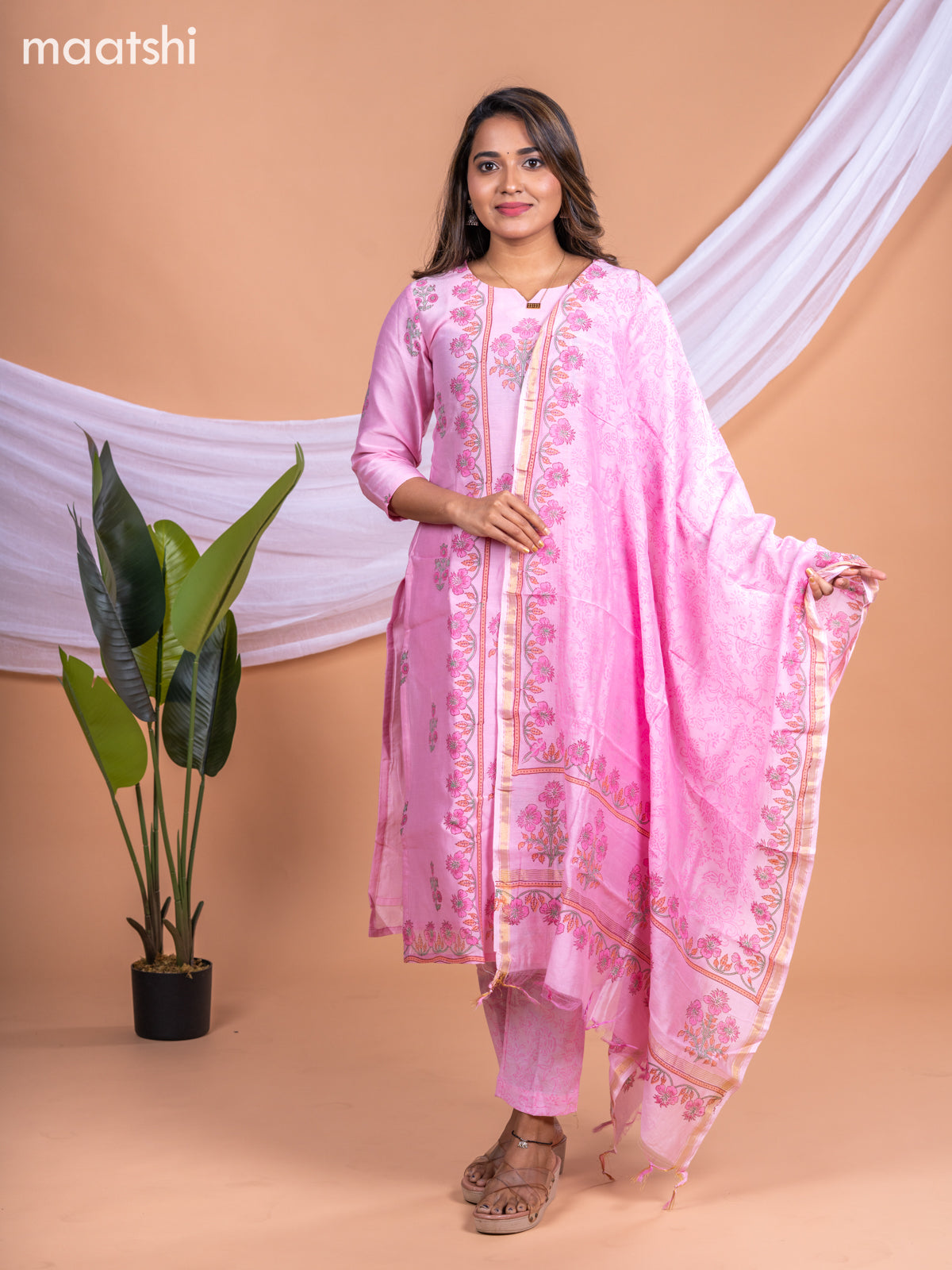 Chanderi salwar suit peach pink with floral prints & simple neck pattern and straight cut pant & printed dupatta