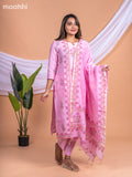 Chanderi salwar suit peach pink with floral prints & simple neck pattern and straight cut pant & printed dupatta