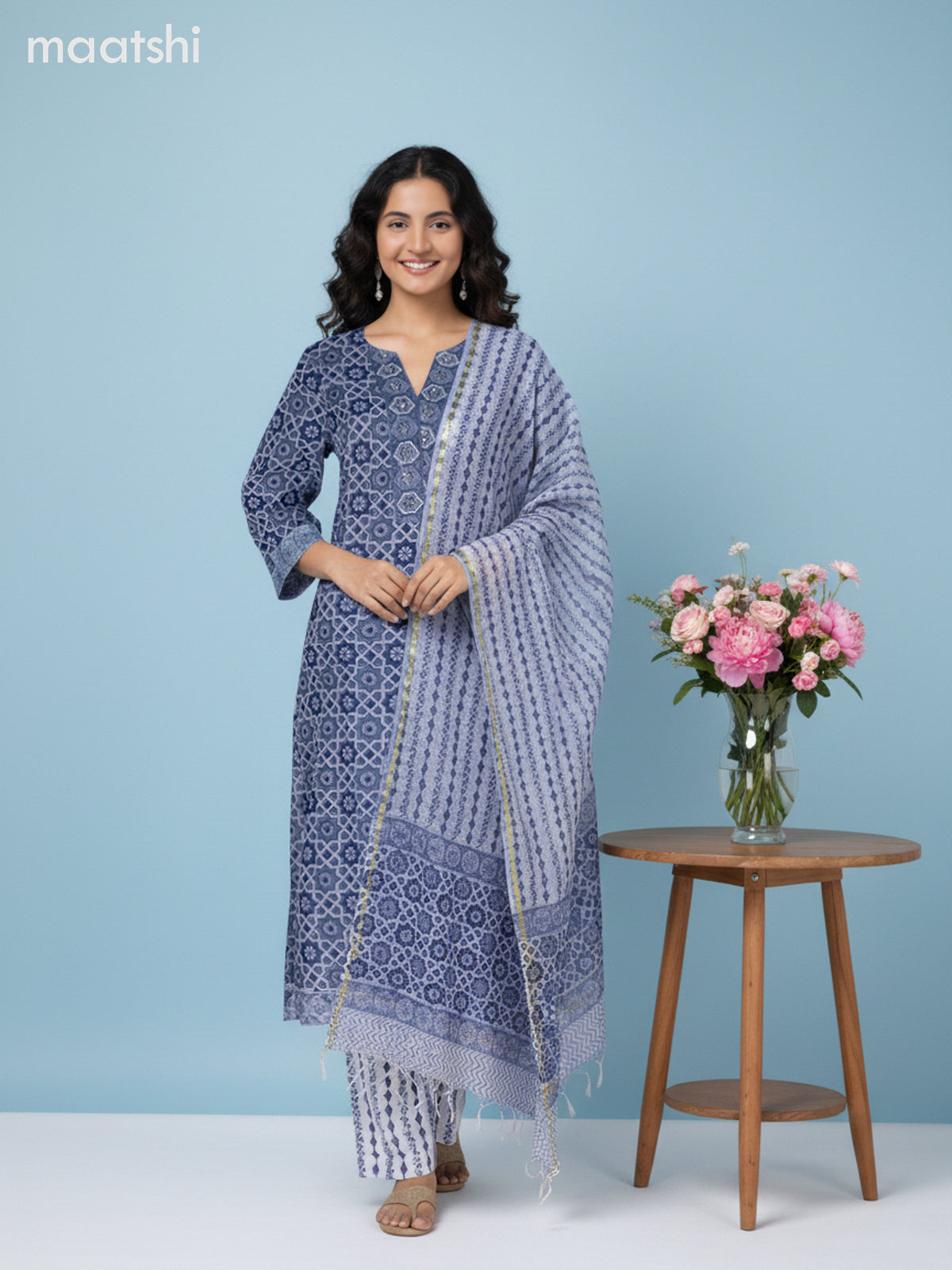 Grey and Off White Kota Printed Straight Suit