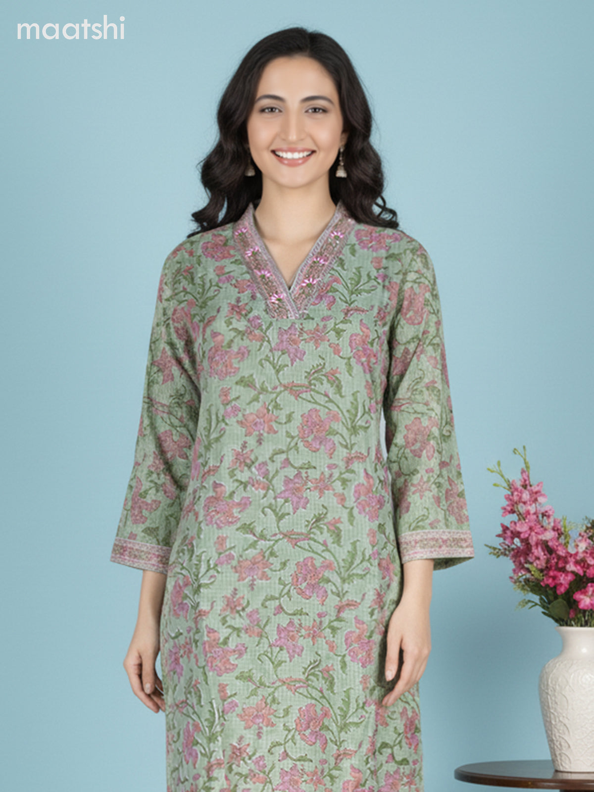 Green Kota Floral Printed Straight Suit