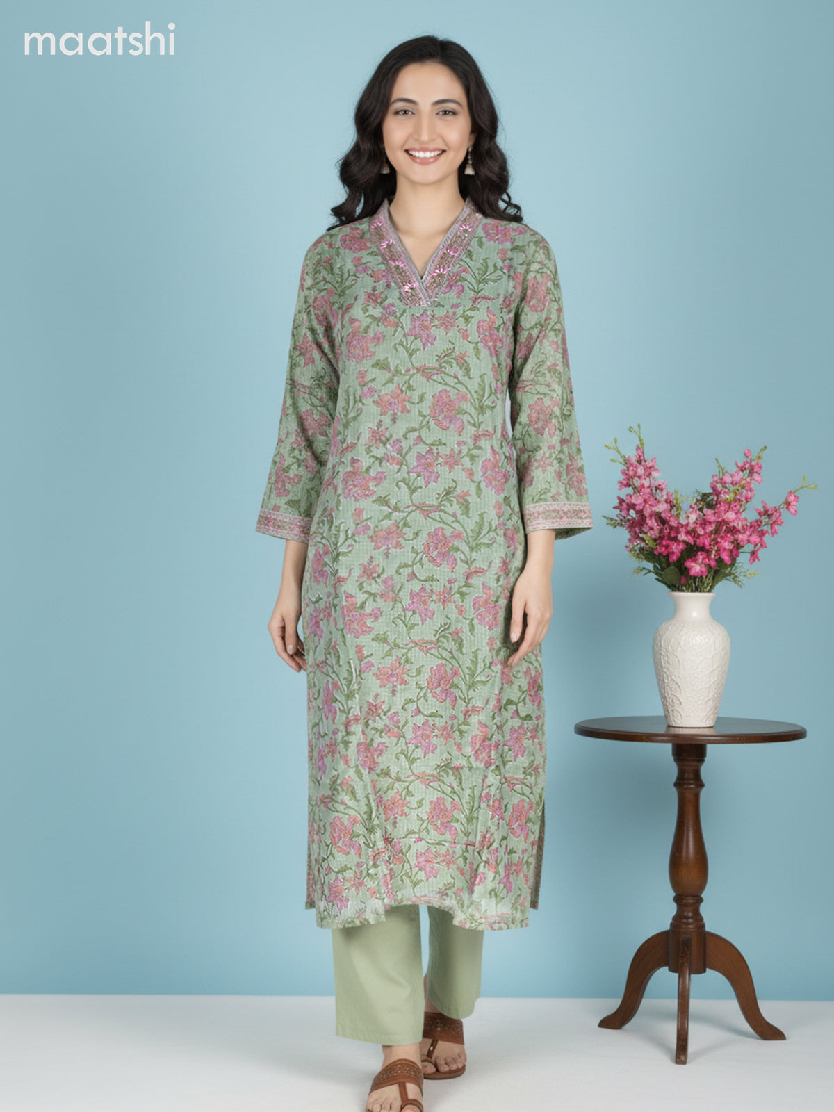 Green Kota Floral Printed Straight Suit