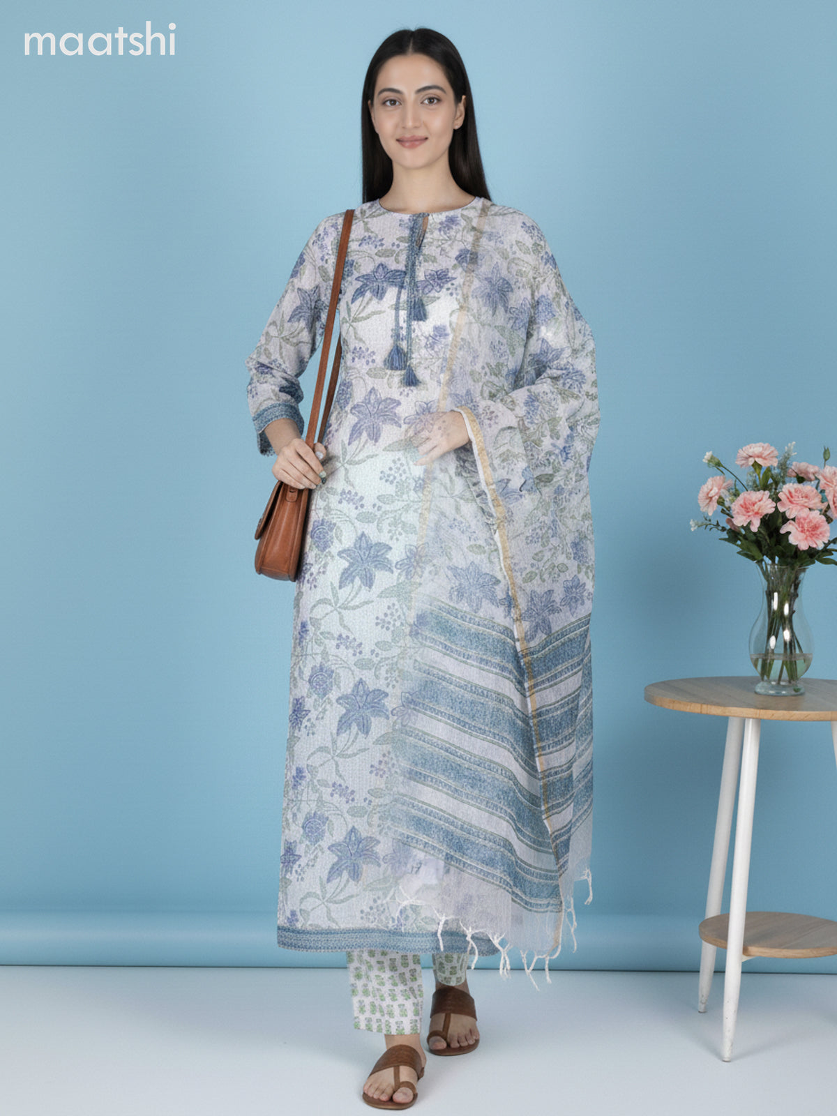 Off White and Blue Shade Kota Floral Printed Straight Suit