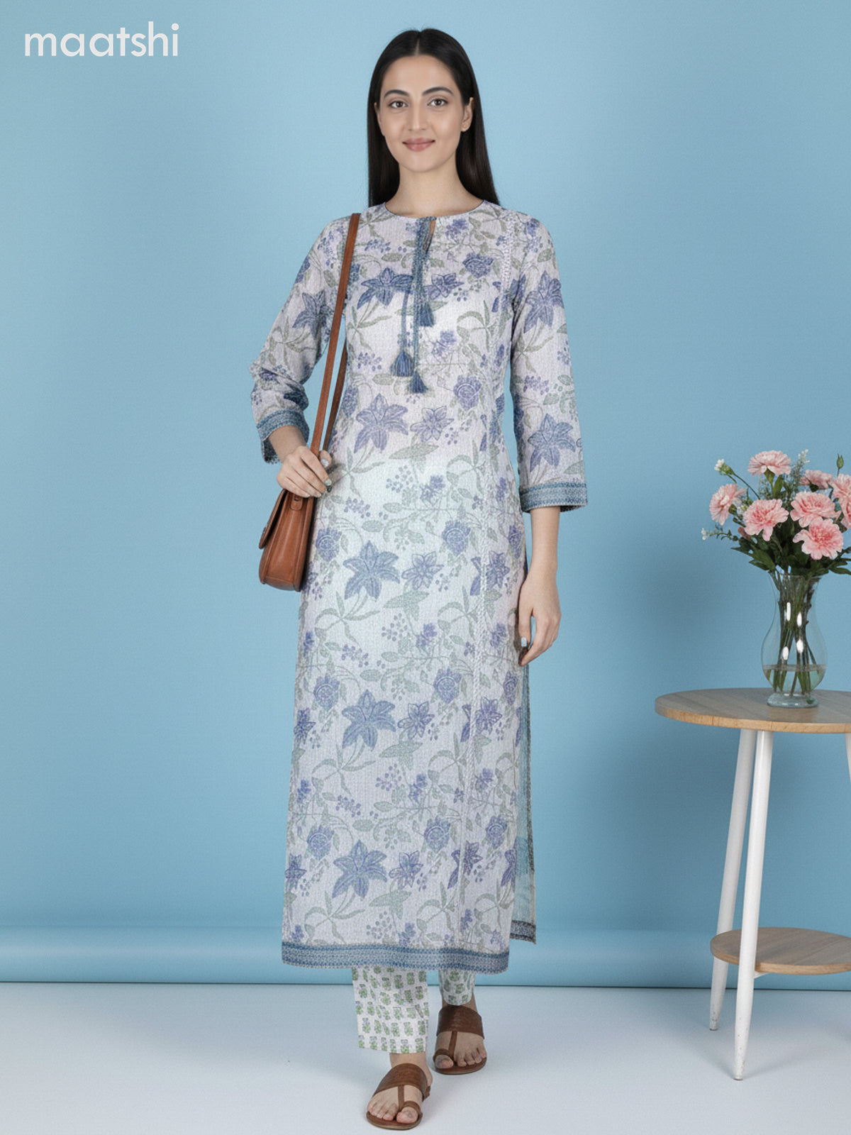 Off White and Blue Shade Kota Floral Printed Straight Suit