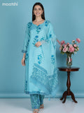 Teal Blue Muslin Floral Printed Straight Suit