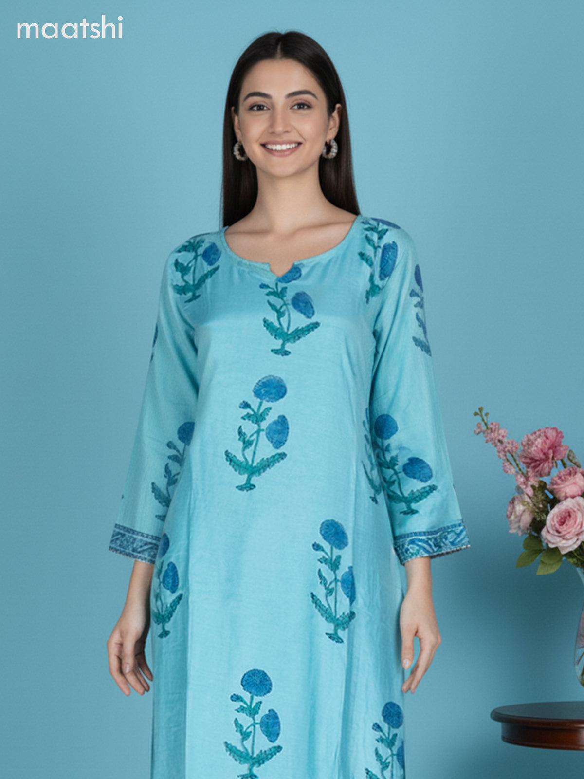 Teal Blue Muslin Floral Printed Straight Suit