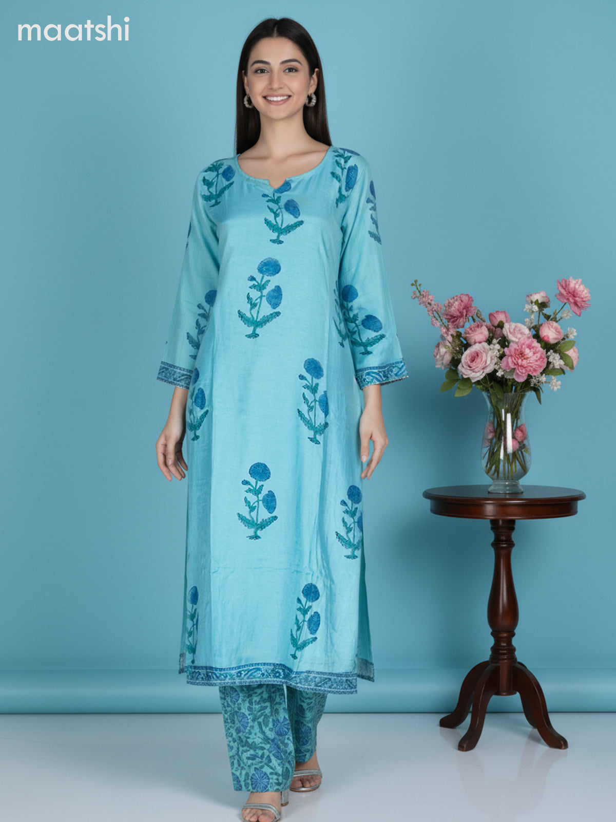 Teal Blue Muslin Floral Printed Straight Suit