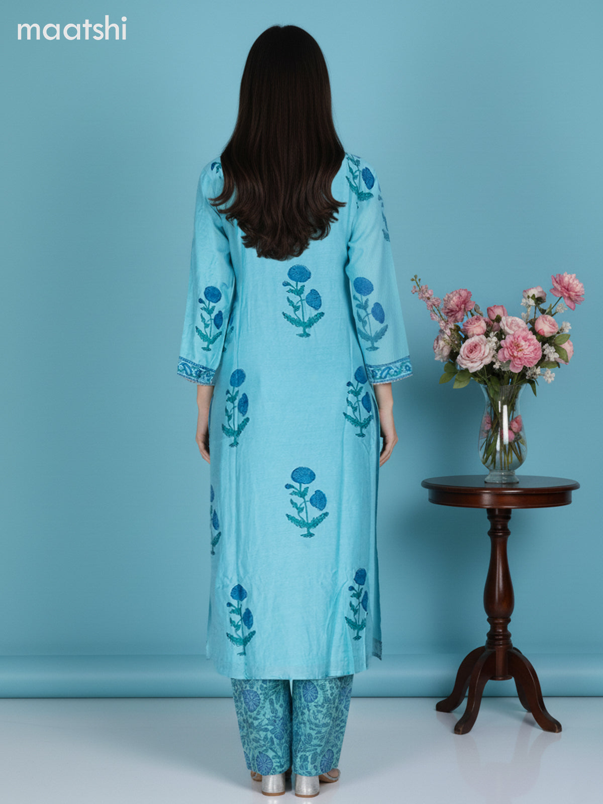 Teal Blue Muslin Floral Printed Straight Suit