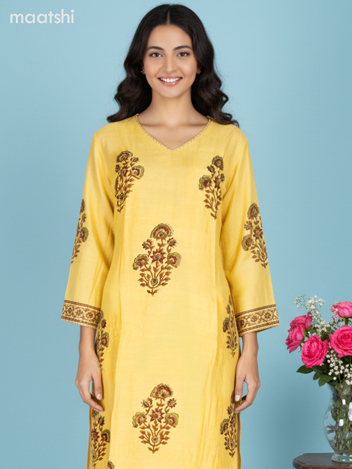 Yellow Muslin Floral Printed Straight Suit