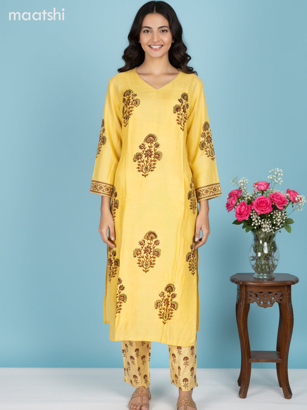Yellow Muslin Floral Printed Straight Suit