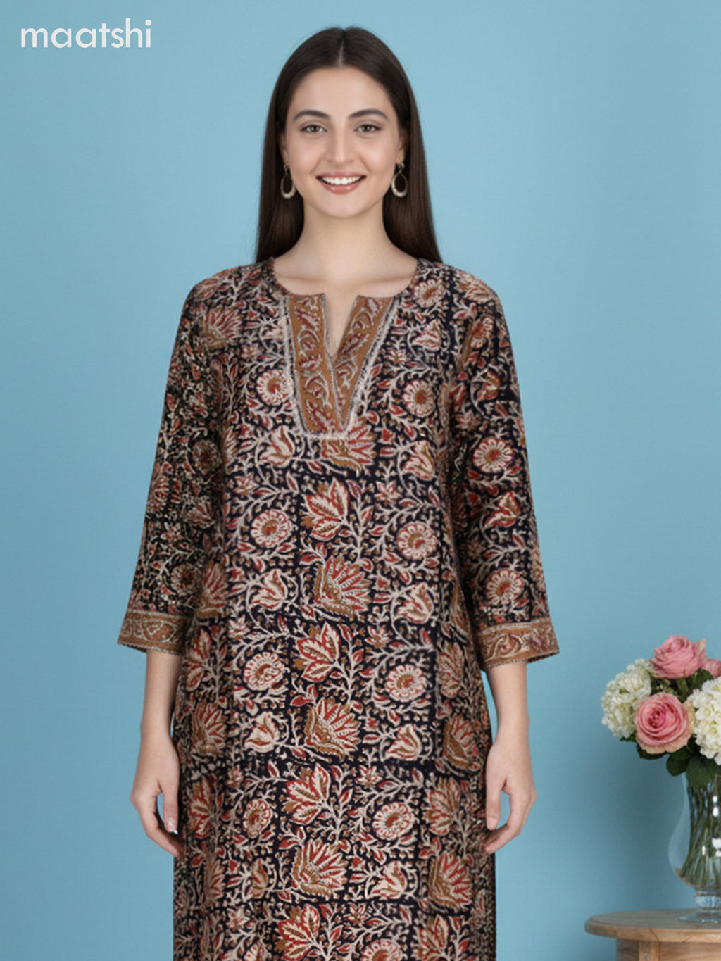Black and Sandal Chanderi Kalamkari Printed Straight Suit