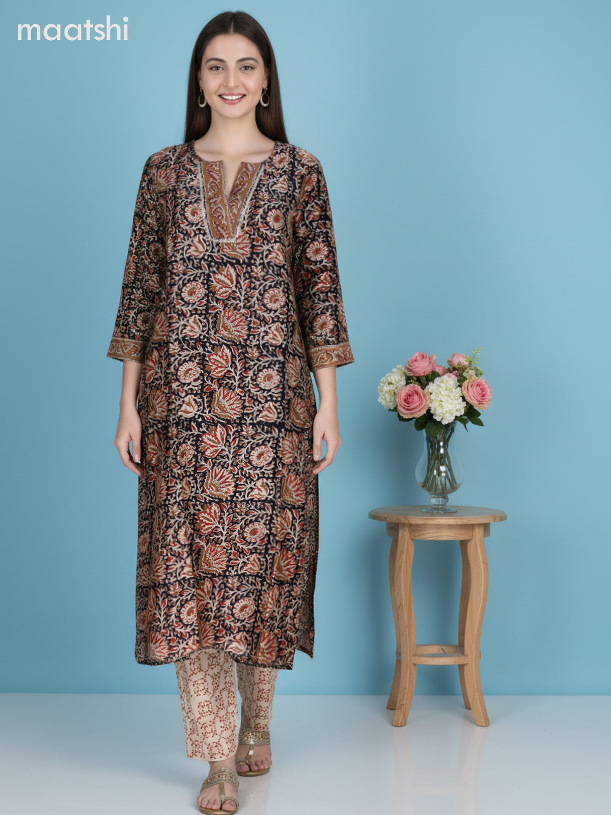 Black and Sandal Chanderi Kalamkari Printed Straight Suit