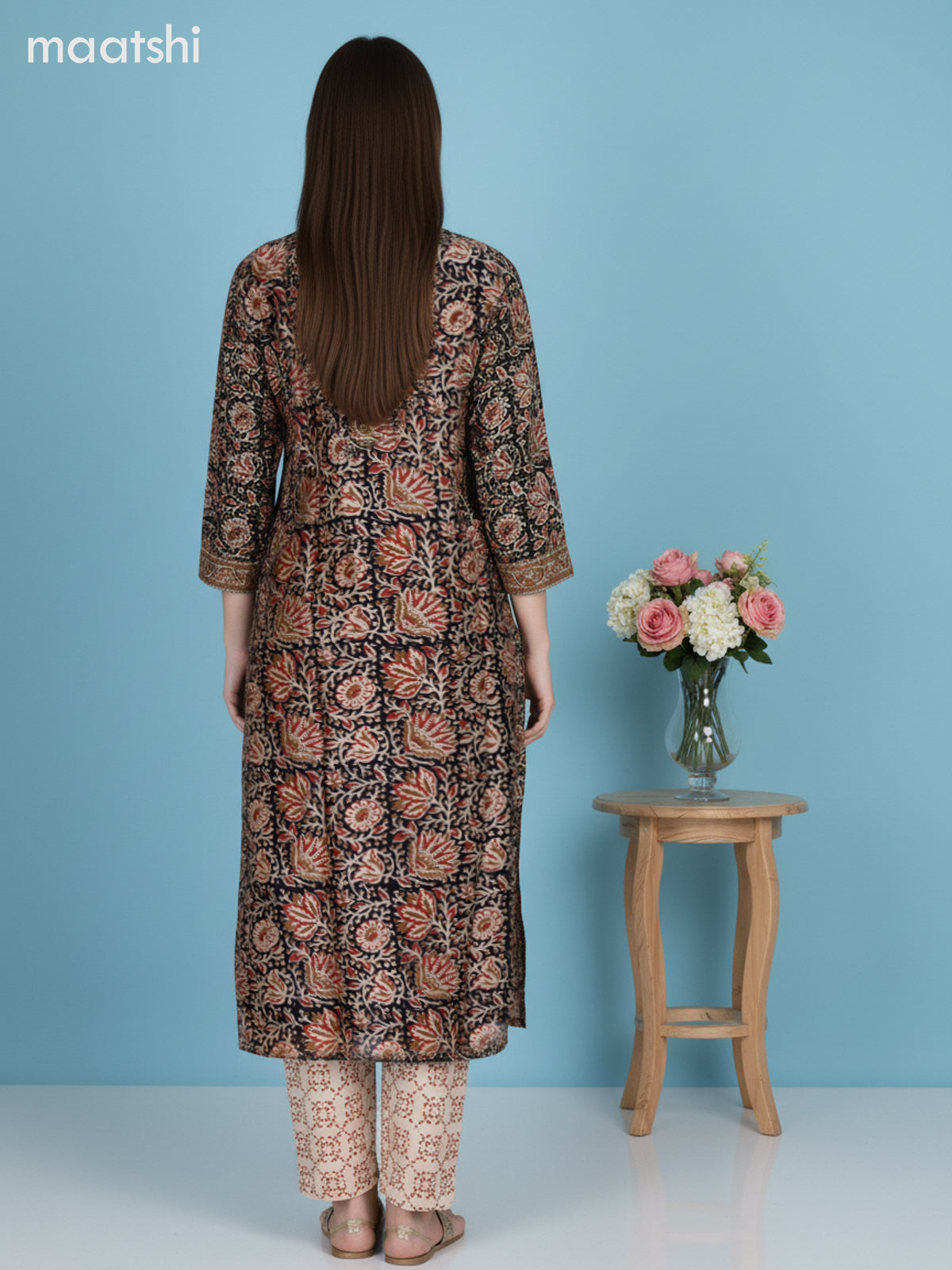 Black and Sandal Chanderi Kalamkari Printed Straight Suit