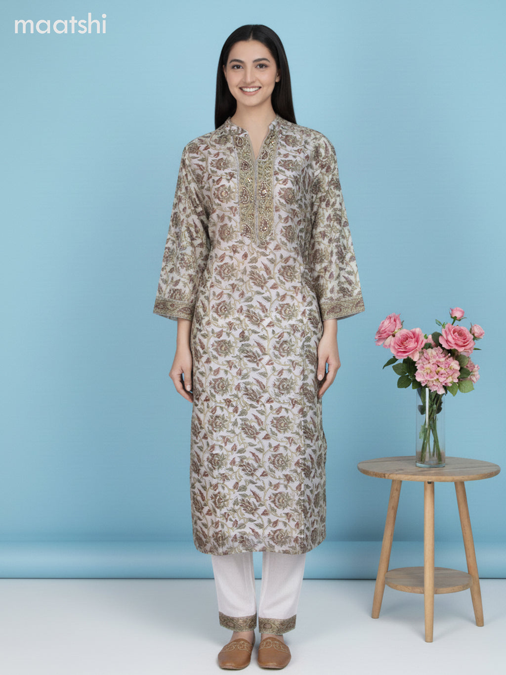 Off White Chanderi Kalamkari Printed Straight Suit