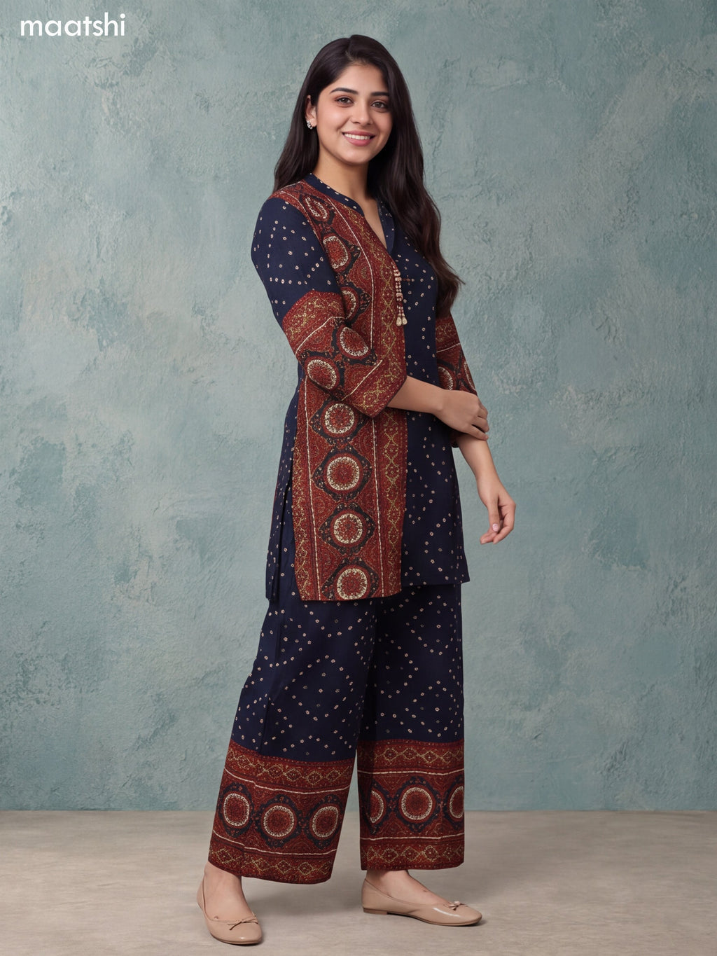 Dark Blue Cotton Printed & Embroidery Work Short Co-ord Set