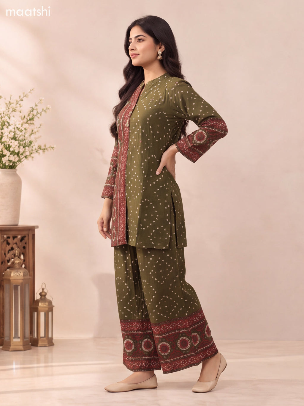Sap Green Cotton Printed & Embroidery Work Short Co-ord Set