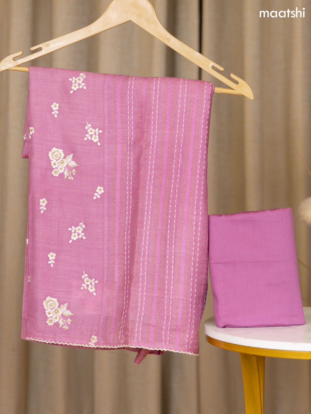 Pink Munga Tussar Dress Material With Floral Embroidery Work Buttas & Kantha Stitch Work Pattern and Bottom & Dupatta