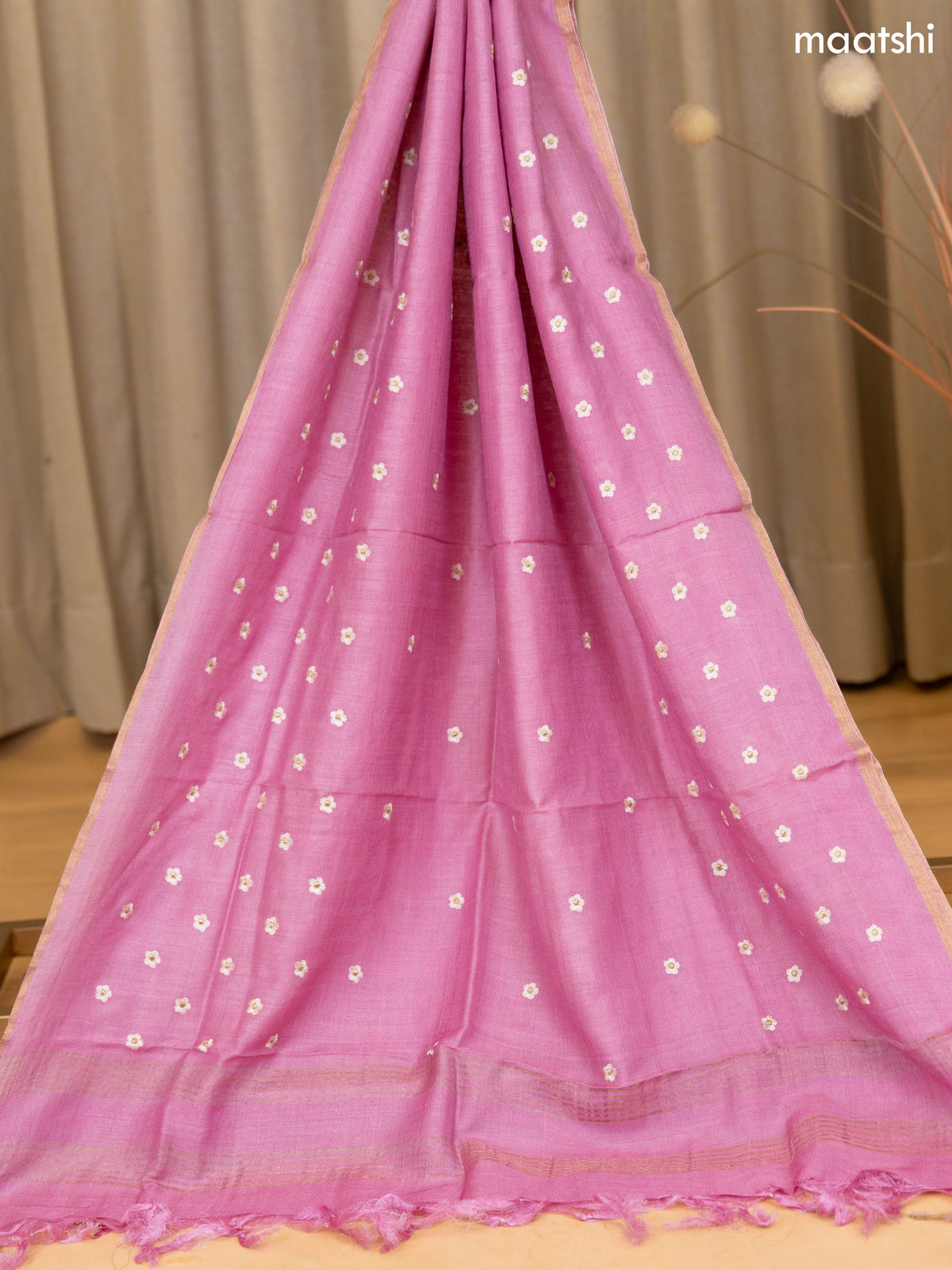 Pink Munga Tussar Dress Material With Floral Embroidery Work Buttas & Kantha Stitch Work Pattern and Bottom & Dupatta