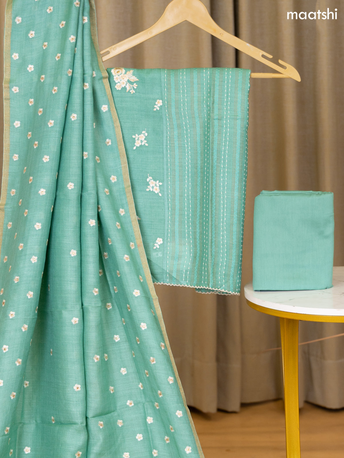 Pastel Green Munga Tussar Dress Material With Floral Embroidery Work Buttas & Kantha Stitch Work Pattern and Bottom & Dupatta