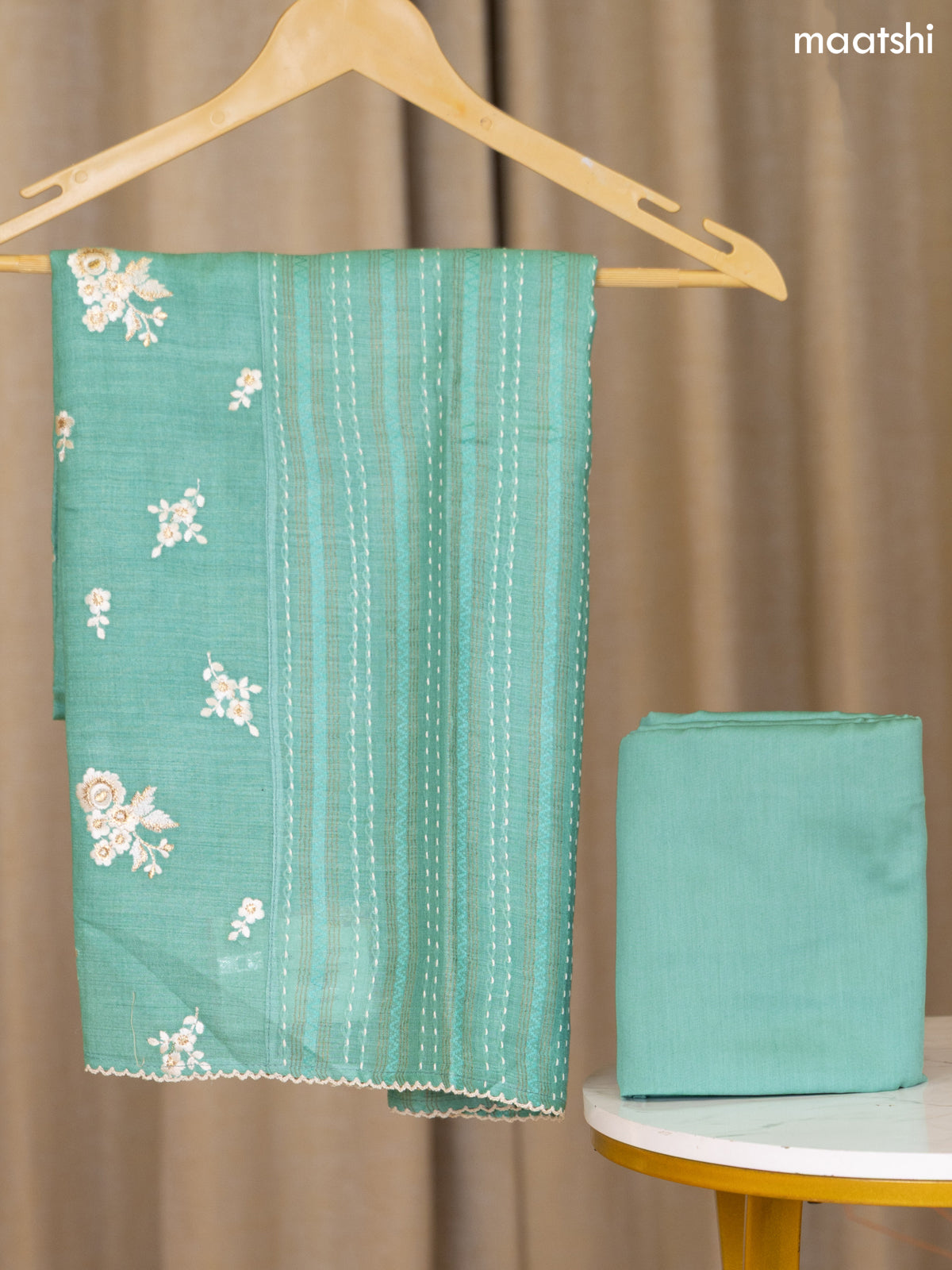 Pastel Green Munga Tussar Dress Material With Floral Embroidery Work Buttas & Kantha Stitch Work Pattern and Bottom & Dupatta