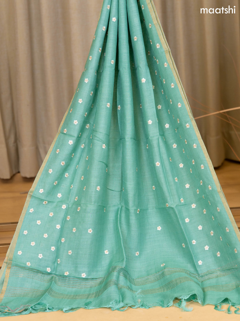 Pastel Green Munga Tussar Dress Material With Floral Embroidery Work Buttas & Kantha Stitch Work Pattern and Bottom & Dupatta