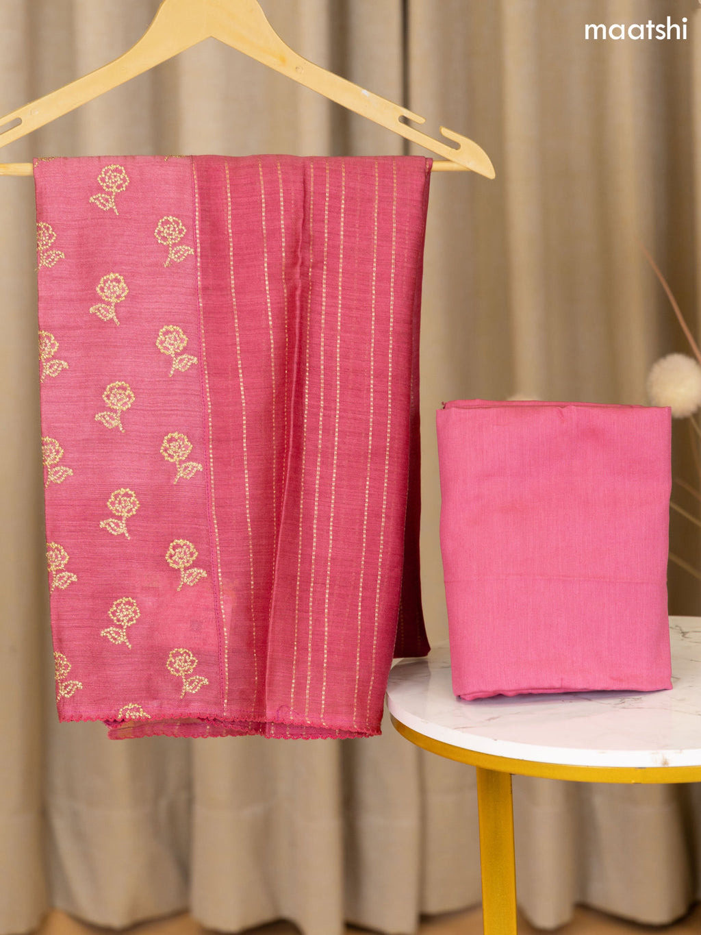 Pink Munga Tussar Dress Material With Floral Zari Work Buttas and Bottom & Dupatta