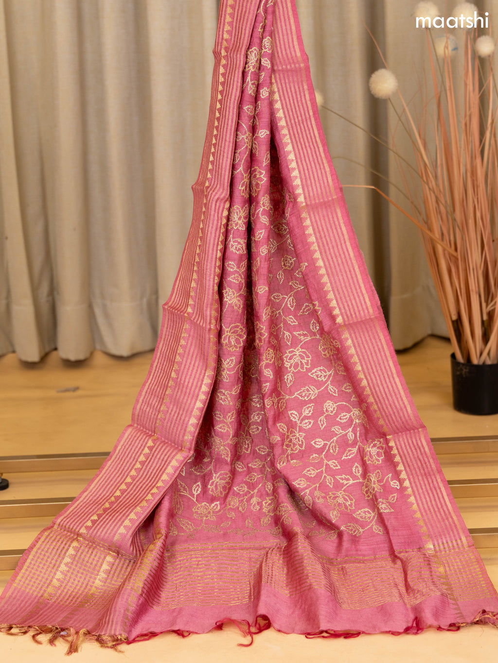 Pink Munga Tussar Dress Material With Floral Zari Work Buttas and Bottom & Dupatta