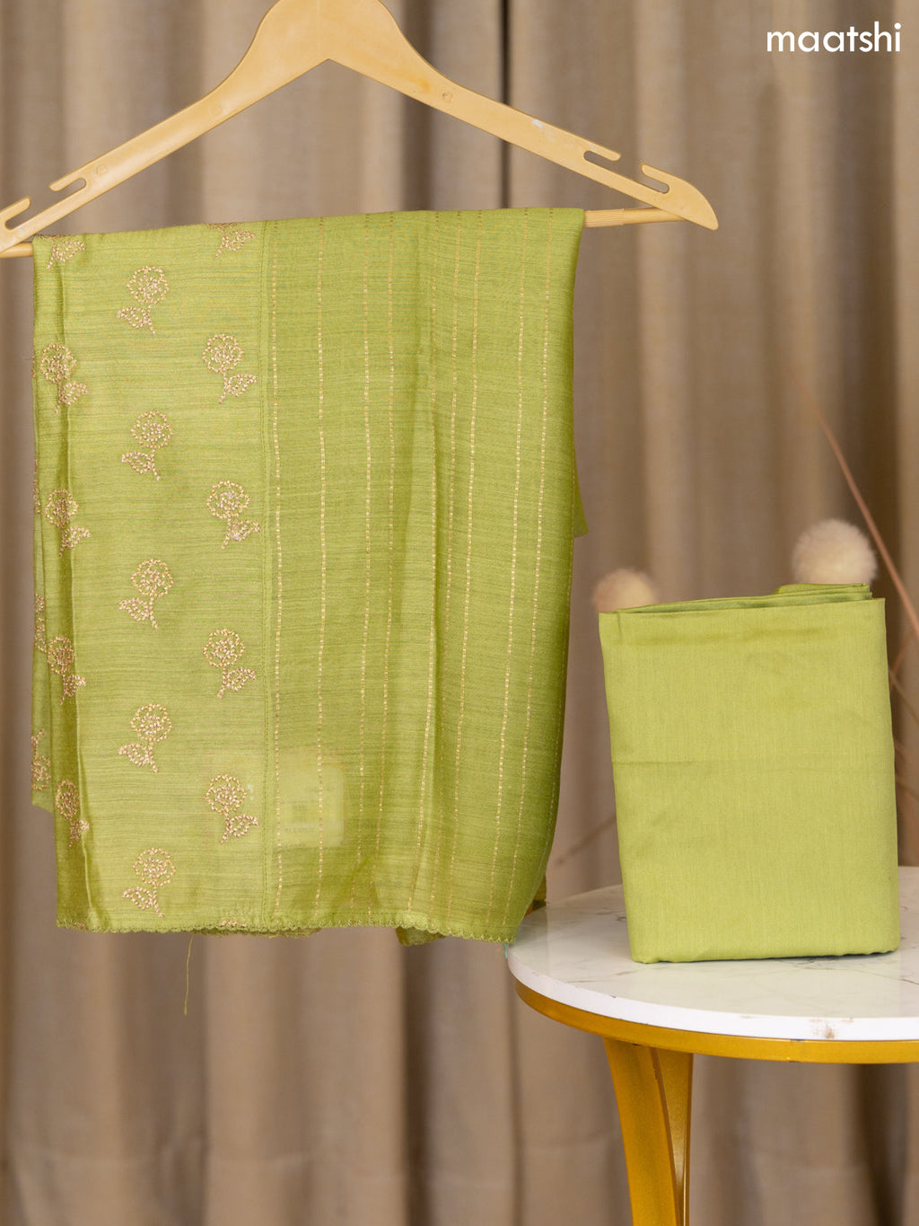 Green Munga Tussar Dress Material With Floral Zari Work Buttas and Bottom & Dupatta
