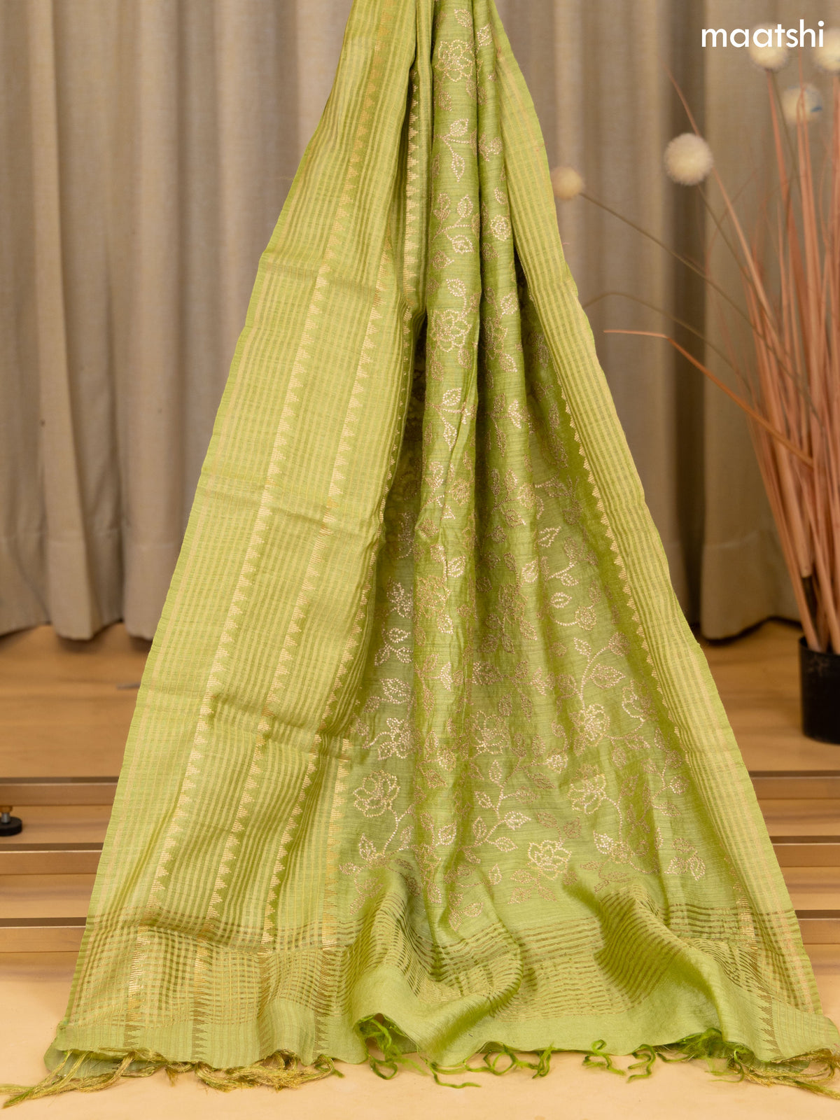 Green Munga Tussar Dress Material With Floral Zari Work Buttas and Bottom & Dupatta