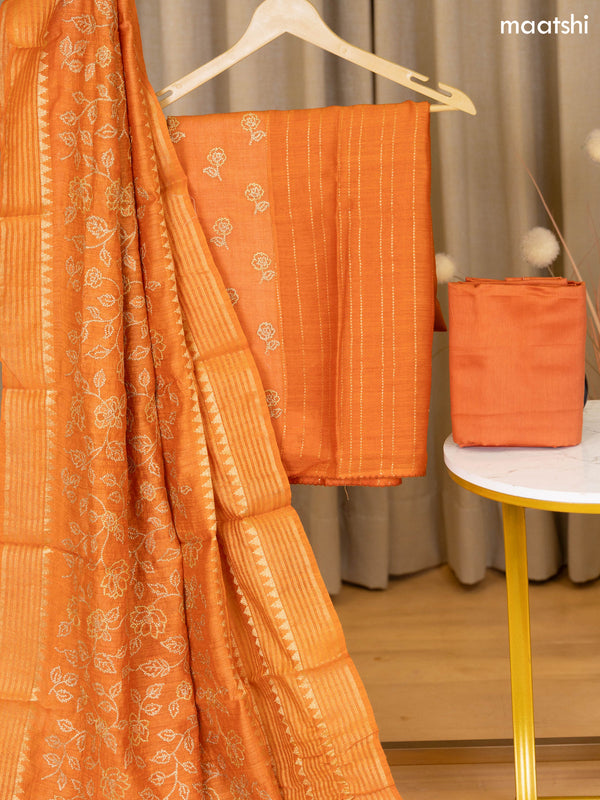 Rustic Orange Munga Tussar Dress Material With Floral Zari Work Buttas and Bottom & Dupatta