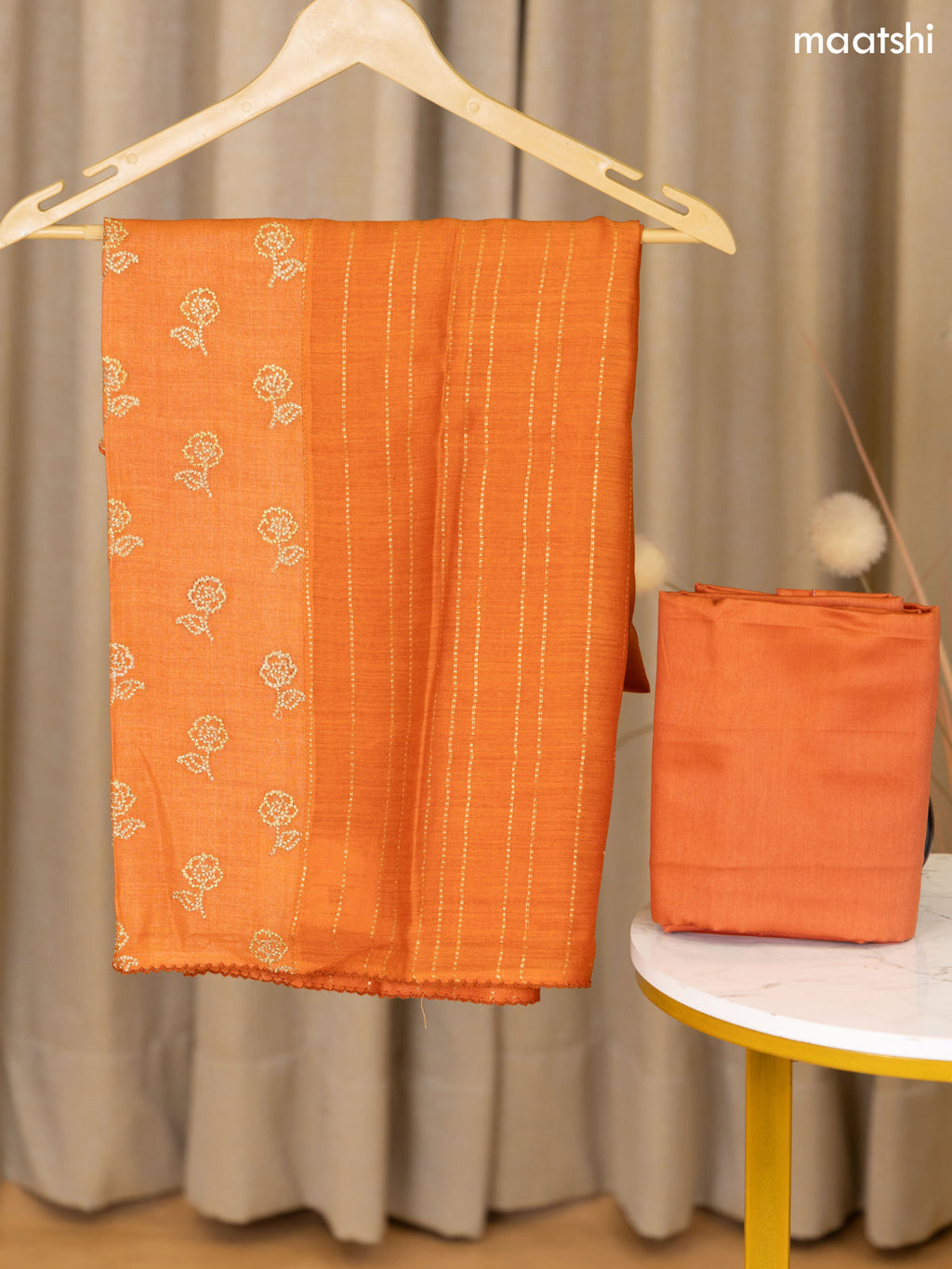 Rustic Orange Munga Tussar Dress Material With Floral Zari Work Buttas and Bottom & Dupatta