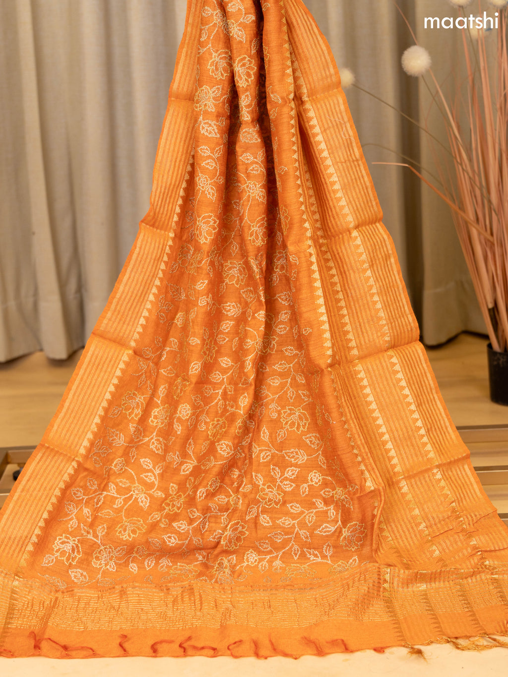Rustic Orange Munga Tussar Dress Material With Floral Zari Work Buttas and Bottom & Dupatta