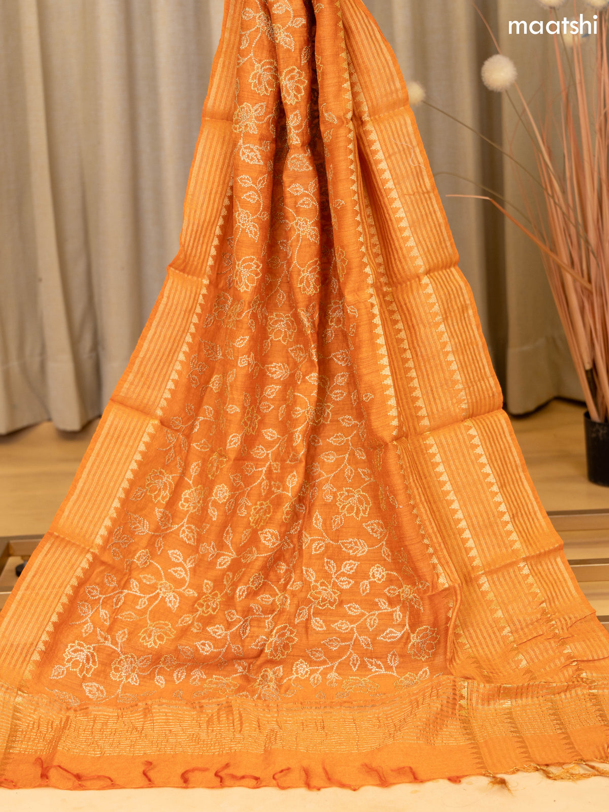 Rustic Orange Munga Tussar Dress Material With Floral Zari Work Buttas and Bottom & Dupatta