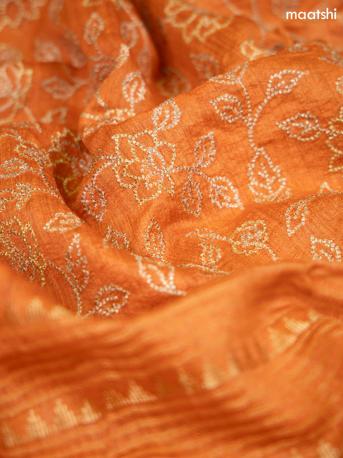 Rustic Orange Munga Tussar Dress Material With Floral Zari Work Buttas and Bottom & Dupatta