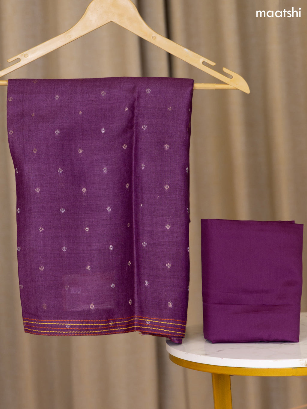 Purple Munga Tussar Dress Material With Floral Zari Work Buttas and Bottom & Dupatta