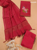 Red Pure Tussar Dress Material With Floral Embroidery Work Buttas