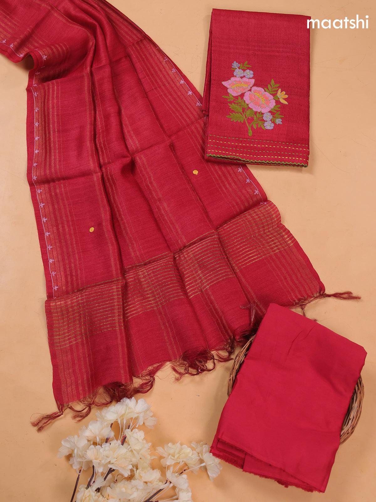 Red Pure Tussar Dress Material With Floral Embroidery Work Buttas