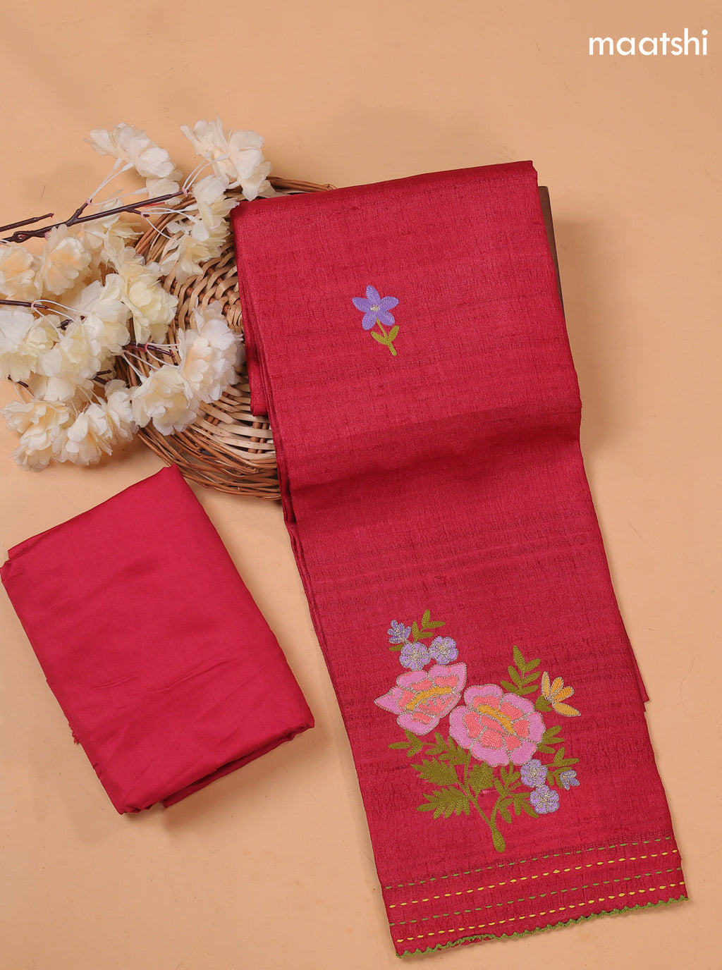 Red Pure Tussar Dress Material With Floral Embroidery Work Buttas
