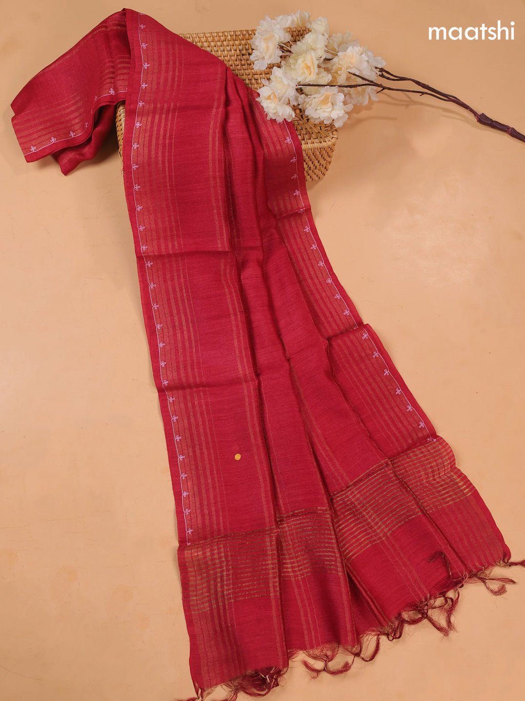 Red Pure Tussar Dress Material With Floral Embroidery Work Buttas