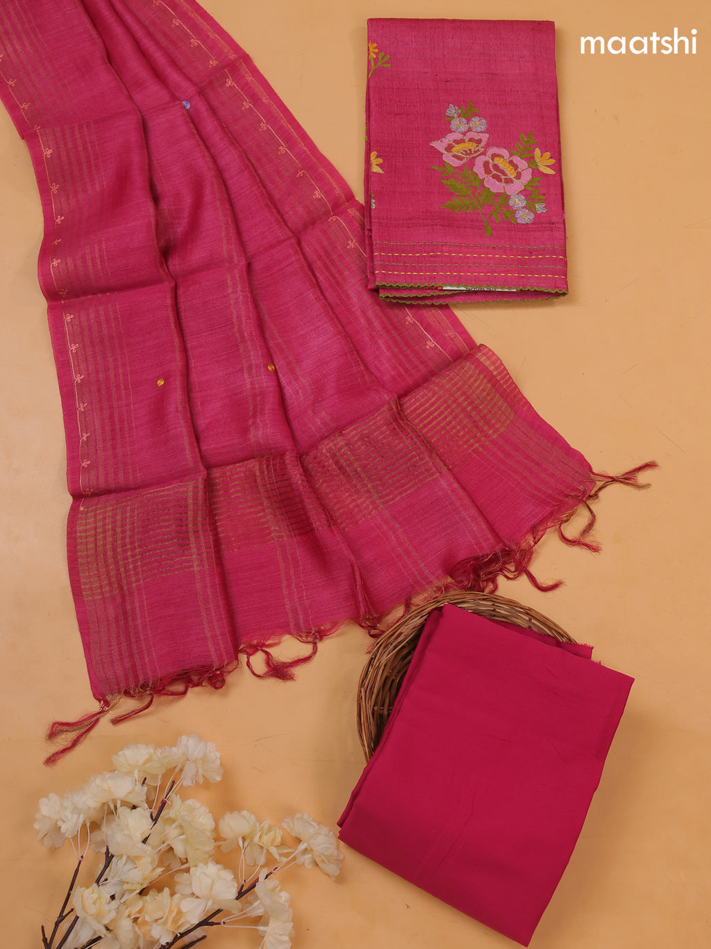Pink Pure Tussar Dress Material With Floral Embroidery Work Buttas