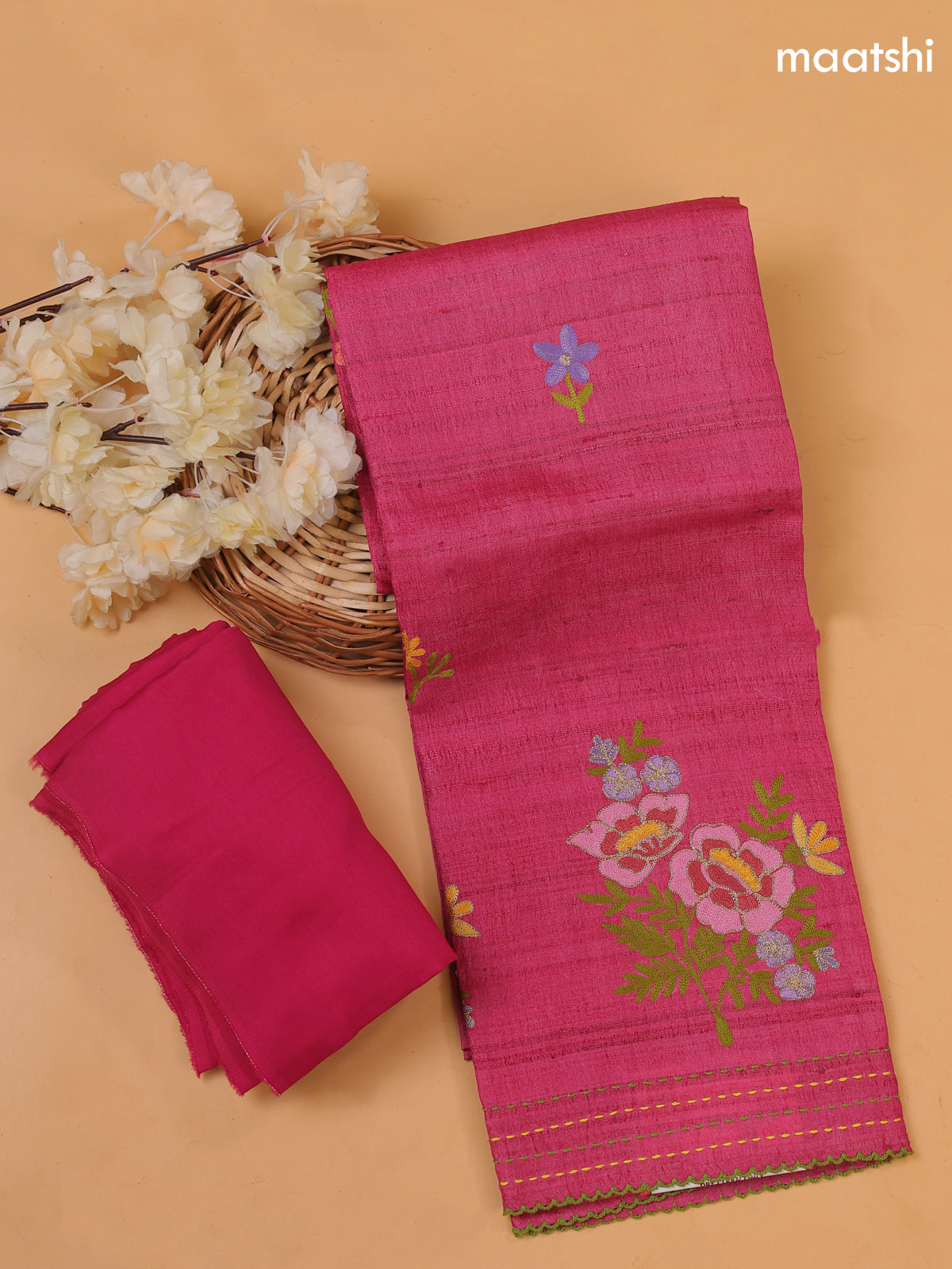 Pink Pure Tussar Dress Material With Floral Embroidery Work Buttas