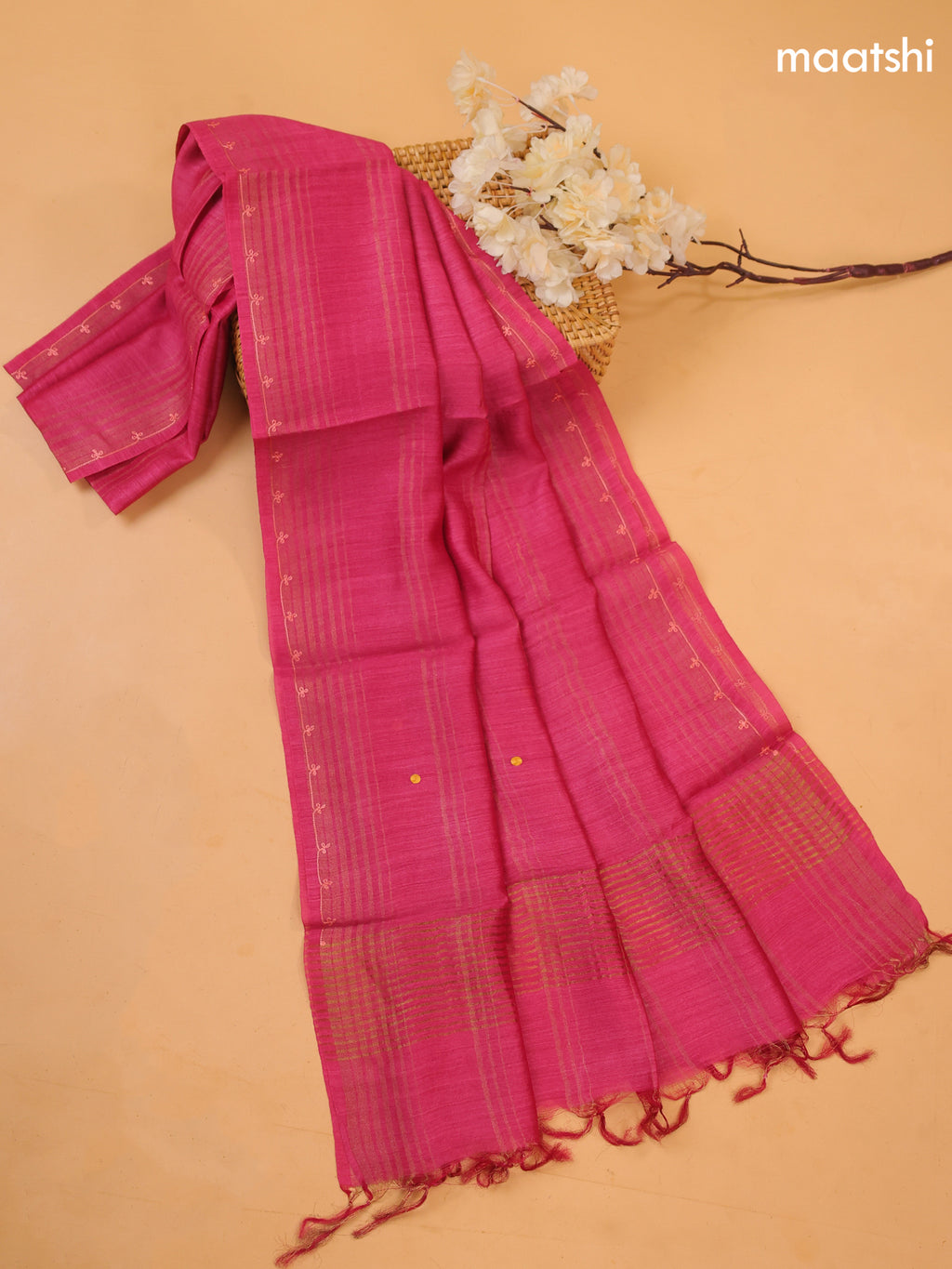 Pink Pure Tussar Dress Material With Floral Embroidery Work Buttas